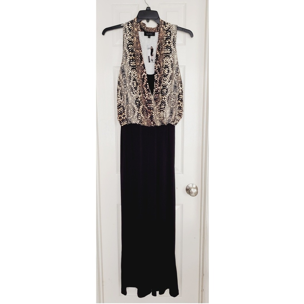 Karen Kane Jumpsuit Black Snakeskin Print Blouson Sleeveless Surplice Wide Leg M